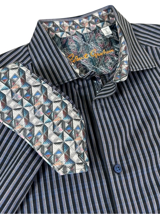 Robert Graham Other - ROBERT GRAHAM Striped Button Down Geometric Flip Cuff Black Blue Gray Classic L